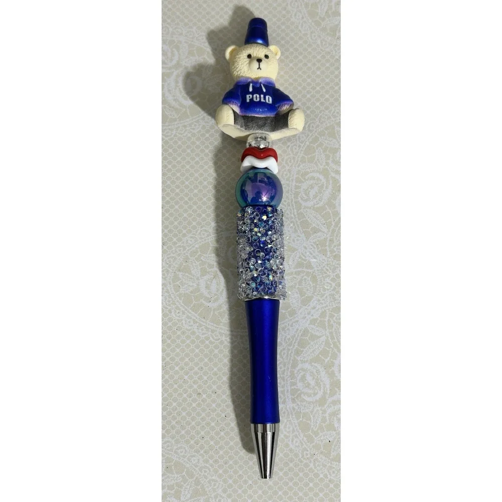 Custom Pen Baby Teddy Bear Patriotic Beaded Acrylic Black Ink Unique Handmade